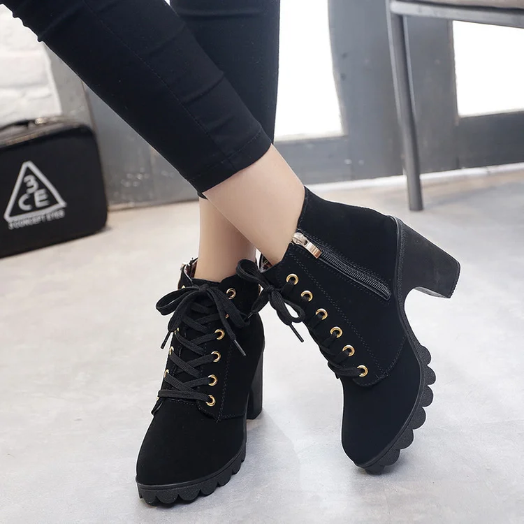 Manufacturer Solid Thick Heel Lace up Thick Sole Round Toe Winter women Short Boot