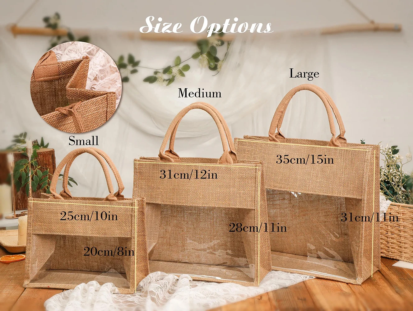 Wholesale Custom Printed Logo Portable Wedding Gift Tote Bags Hessian Linen Jute with Cotton Rope Handle and Transparent Window factory