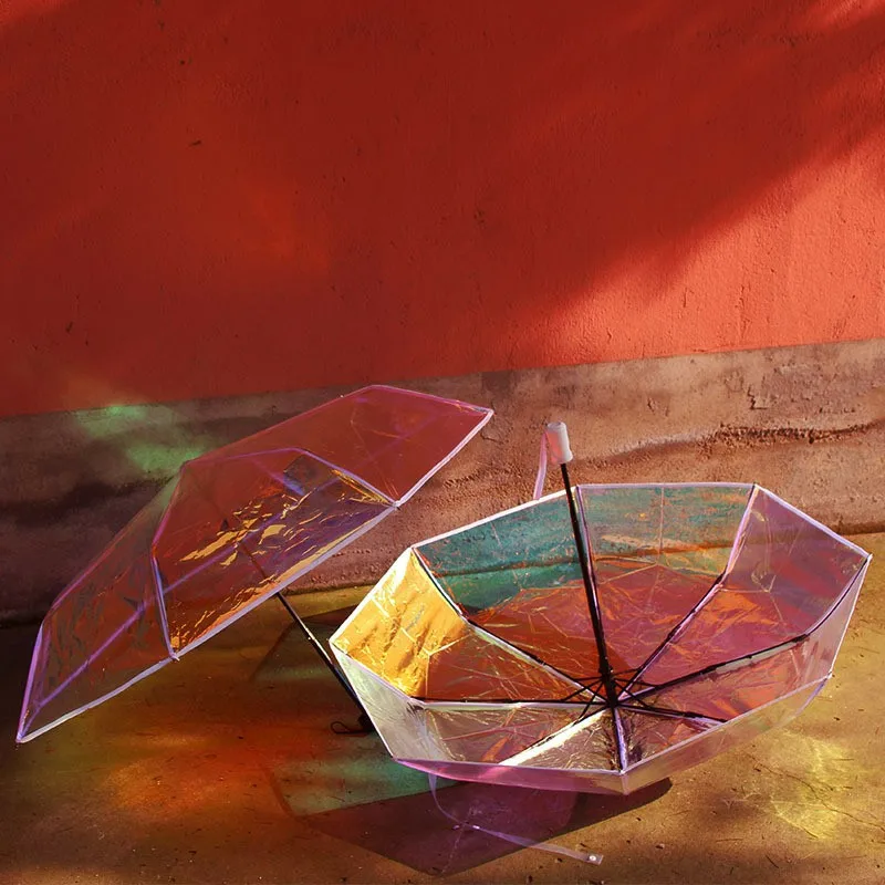 WHY424 Laser Transparent Umbrella Rain Sunshade Colorful Gradient PVC Umbrellas Outdoor Travel Reflect Light Umbrella