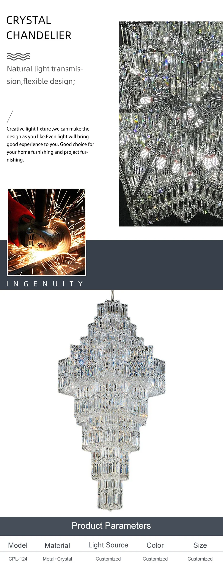 CPL-124 Modern Style Indoor Decoration Villa Hotel Lobby Staircase Modern LED Crystal Chandelier Pendant Light supplier