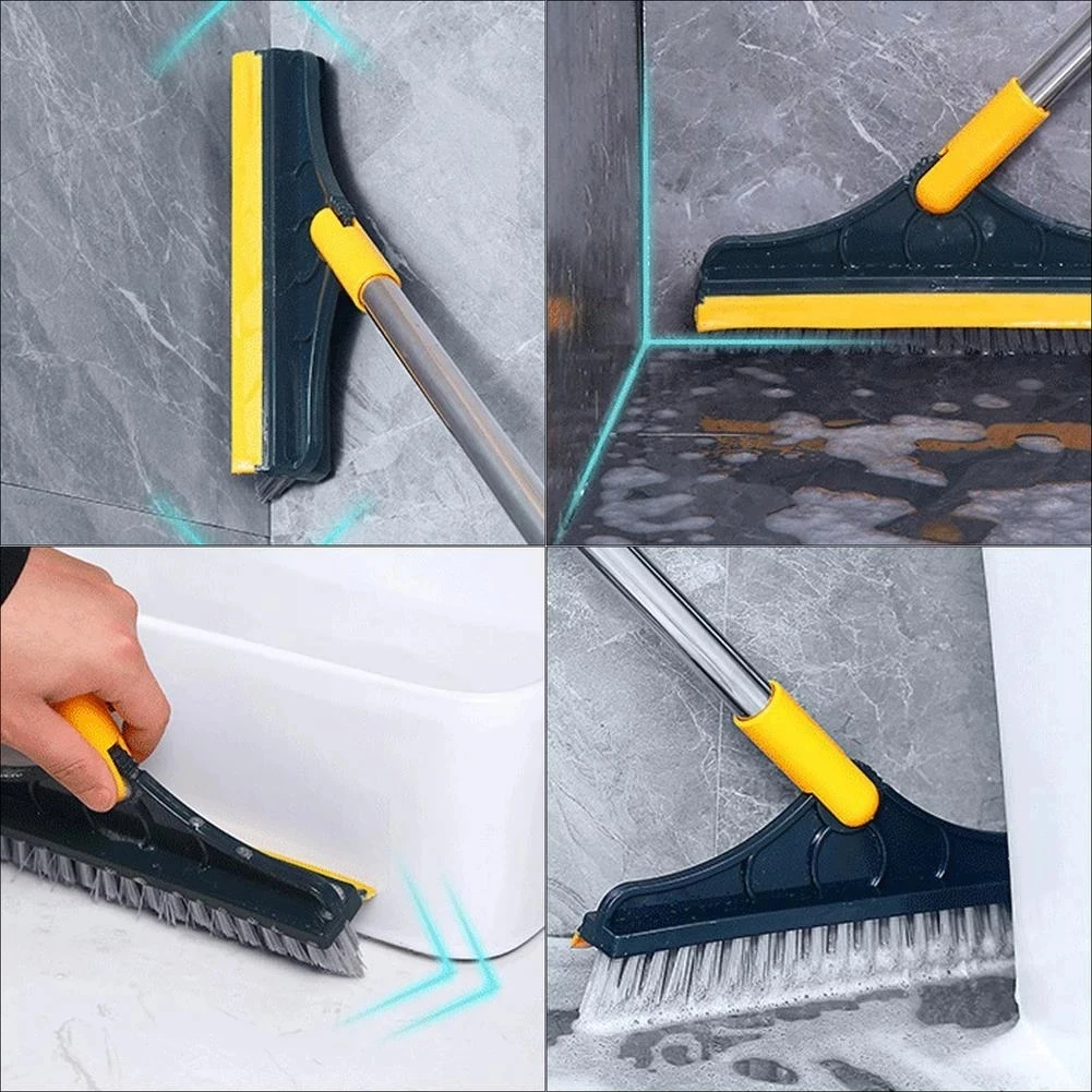 2 in 1 Floor Scrub Gap Brush Long Handle Removable Wiper Stiff Bristle Magic Broom Brush Squeegee Floor Mop