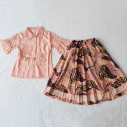 2023 Elsali Eid al-Fitr Summer Baby Clothes Girls Exclusive 8-10 Short Bell Sleeve Summer Hollow Out Flower Wave Point Skirt Set