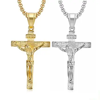 Christian Mens Stainless Steel Gold Plated Jesus Necklace Cross