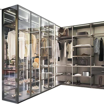 Italian Minimalism Style Glass Wardrobe Cabinet Modern Modular Custom Bedroom Wardrobe Closet Multi-functional Storage Cabinet