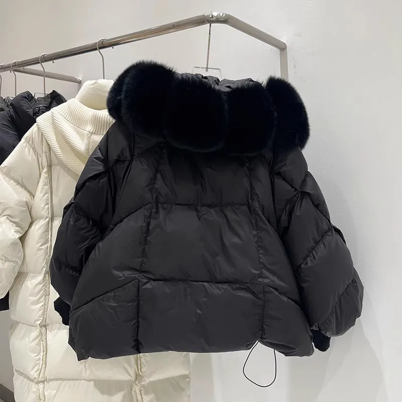 European Style Winter New White Duck Filled Large Fur Trim Hooded Jacket Women's Mid-length Thickened Warm Knitted Coat manufacture