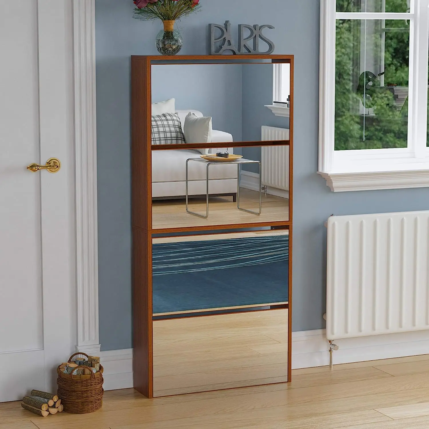 Minimalism wooden design shoe rack side board with 2 doors and mirror for living room furniture