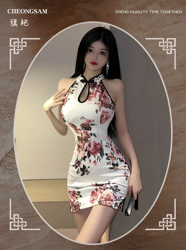 Summer Retro Printed Cheongsam Lingerie Cosplay Costume Women Sexy