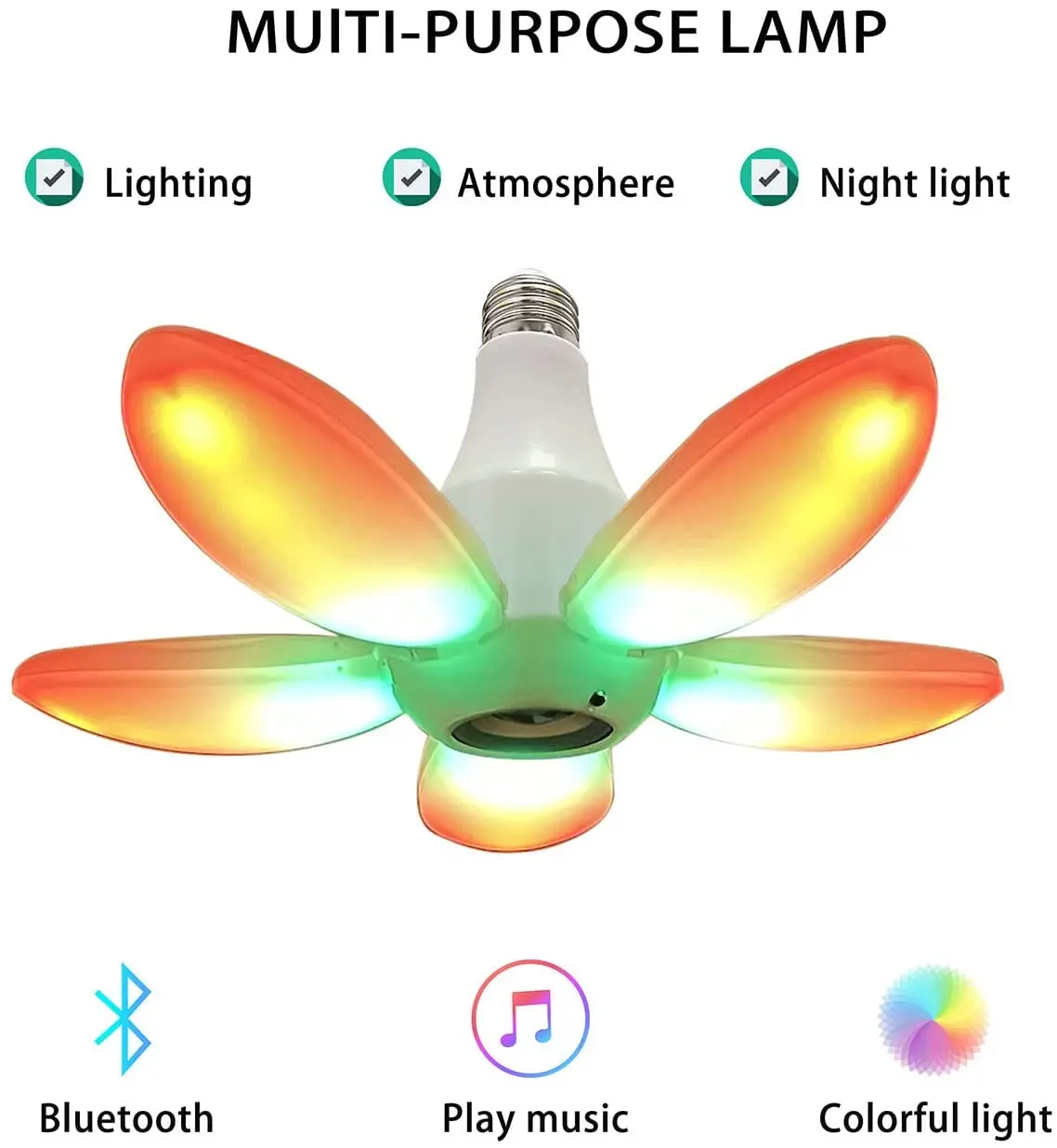 LED five leaf fan shaped dimmable music bulb 45W E27 Base 360 degree deformable LED Speaker Light Bulb RGB colorful folding lamp