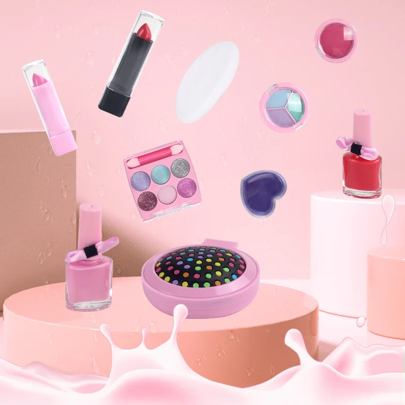 Soli Pretend Play Beauty Children Cosmetic Bag Make Up Set Lipstick Nail Polish Washable Girls Makeup Kit Sets Toy for Kids