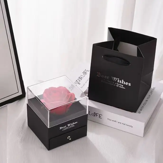 product a1 high quality transparent acrylic rose jewelry lipstick gift box valentines day eternal flower necklace ring box for friend-7