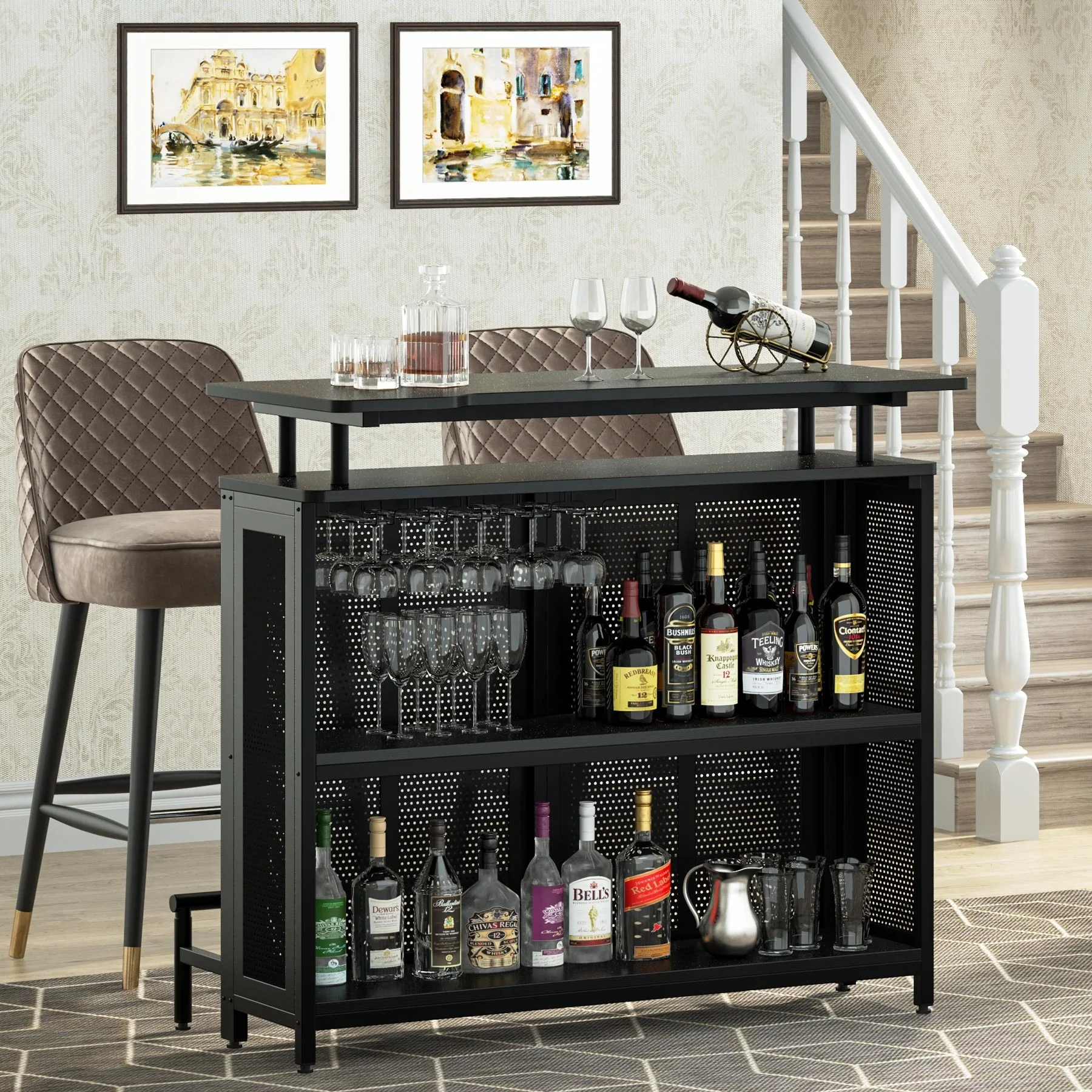 Tribesigns Furniture 3 tier Wine rack coffee bar table with storage shelves and glasses cabinet for holiday pub furniture