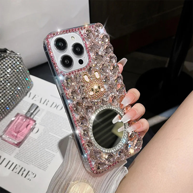 Makeup Mirror Design Glitter Diamond Phone Case For iPhone 15 Pro Max Luxury Rhinestone Covers For iPhone 14 13 12 11 Pro Max