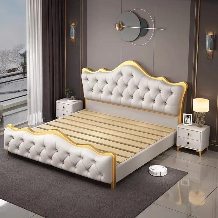 Luxury King Size Modern Leather Bed with Gold Stainless Steel Frame High Double Bed Upholstered Leather Headboard