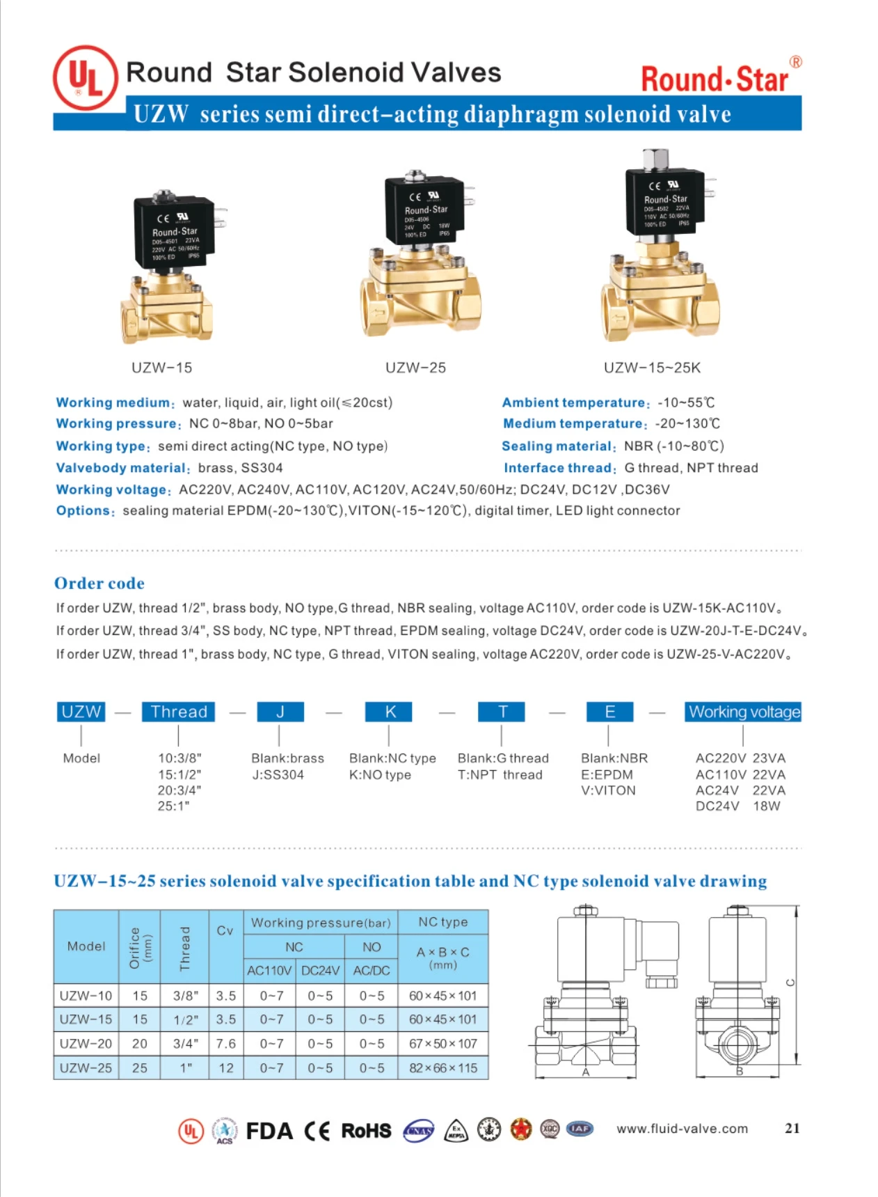 UZW Series Semi Direct-acting Diaphragm Solenoid Valve with 3/8INCH-1INCH Port and 40+ Years Experience