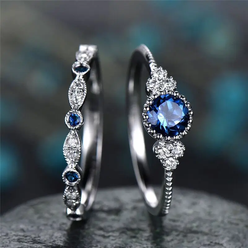 Fashion Couples Finger Jewelry Ring Wedding 925 Silver Plated Emerald Green & Blue Sapphire CZ Diamond ring set