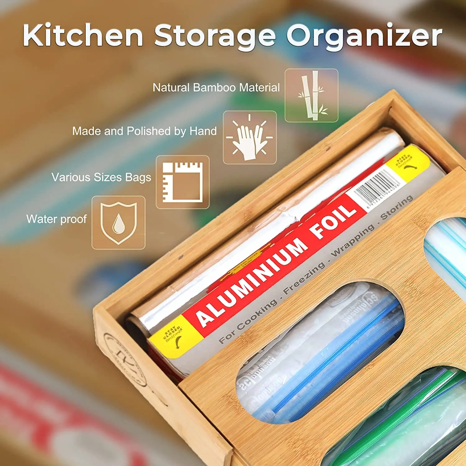 product modern expandable bamboo storage bag organizer with foil and plastic wrap holder lacquer technique for kitchen sundries-3