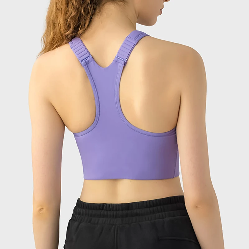 Sujetador Deportivo Women Black Fitness Workout Adjustable Shoulder Strap Bra Top Full Cup Vest Yoga Sport Bra with Front zipper