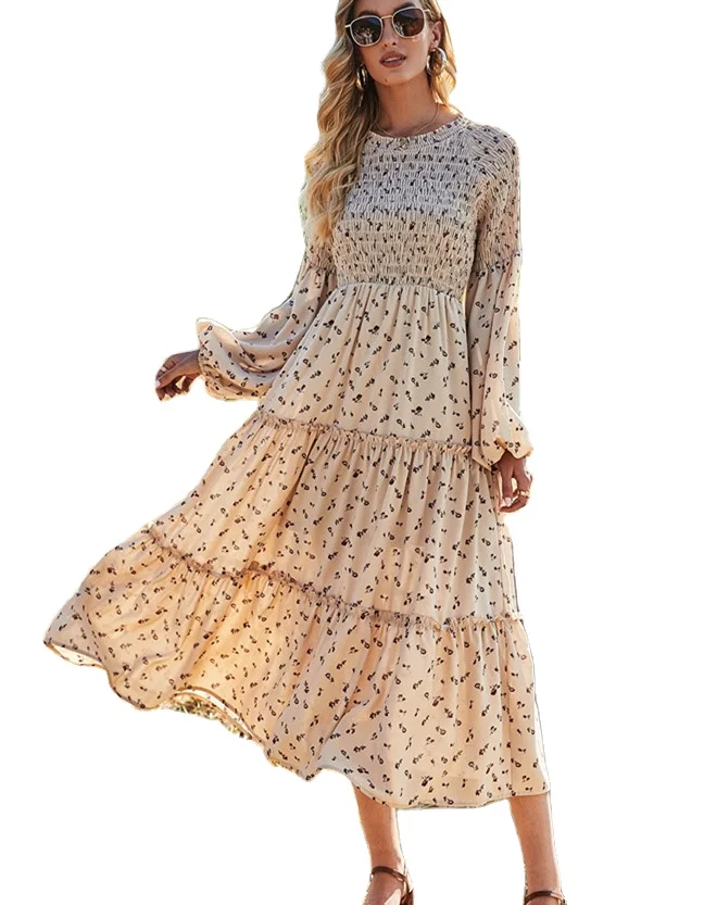 Smocked Floral Chiffon Maxi Dresses 