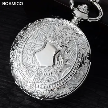 men pocket watches fashion mechanical watch BOAMIGO brand skeleton roman number watches silver chain gift clock reloj hombre