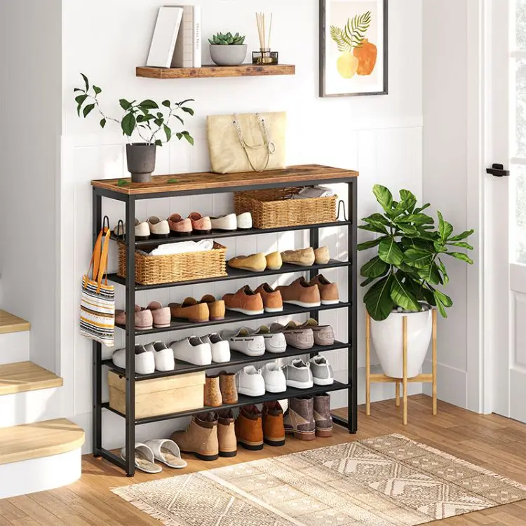 Wholesale Industrial 4/5/6/8 Tier Metal Shoe Rack Organizer Shoe Shelf with Oxford Fabric Shelves and Top Panel For Entryway