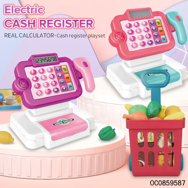 Play plastic shopping cart electronic cash register kids supermarket toy with fruit vegetable