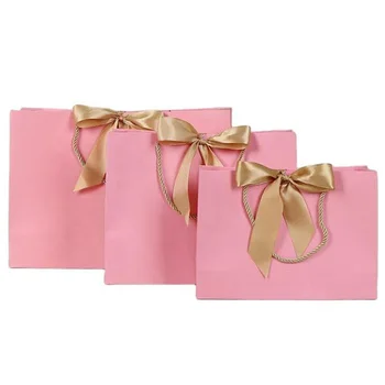 Fashion Custom Logo Pink Garment Shoes Cosmetics Boutique Packaging Ribbon Handle Paper Shopping Bag