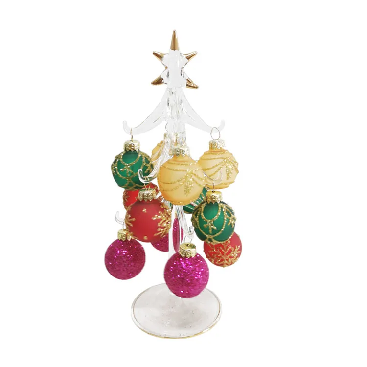 Custom made small clear hand painted blown glass Christmas tree with mini hanging bauble ball ornaments details