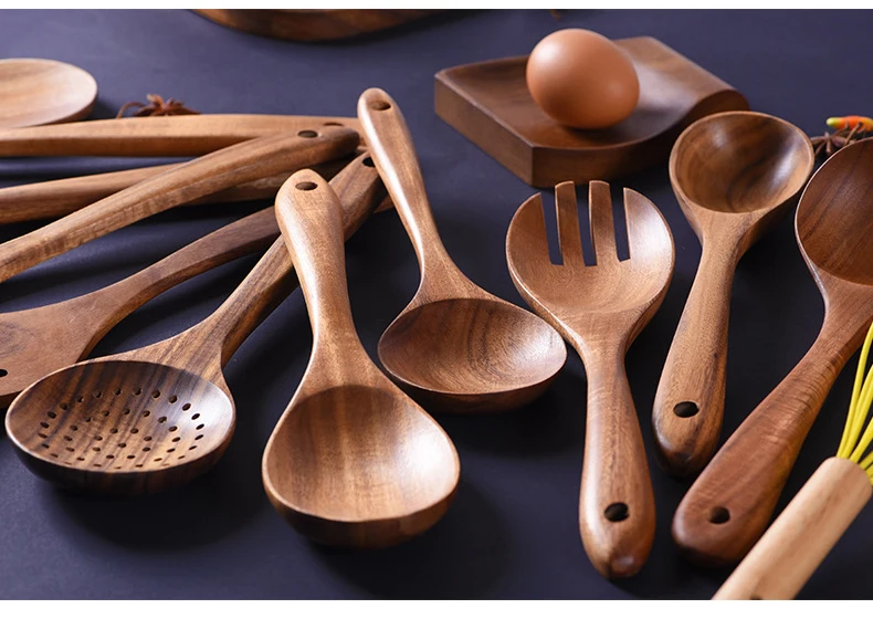 10pc Eco-Friendly Teak Wooden Kitchen Utensils Set with Lacquered Multi-Color Spurtle Wooden Spoon and Vegetable Spatela