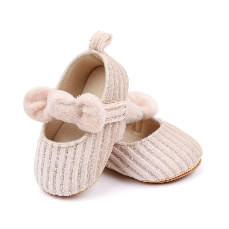 Spring and Autumn Plush Bow Striped Soft Soled Toddler Shoes for Baby Girls factory