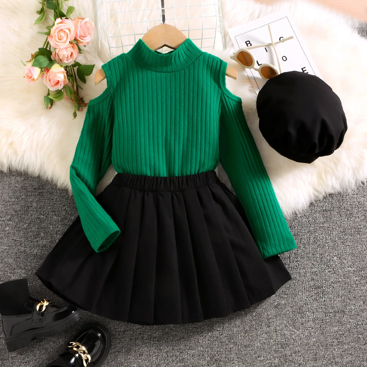 Korean style toddler girls clothing sets fashion off the shoulder long-sleeve shirts+skirt+hat 3pcs kids clothes fall outfits