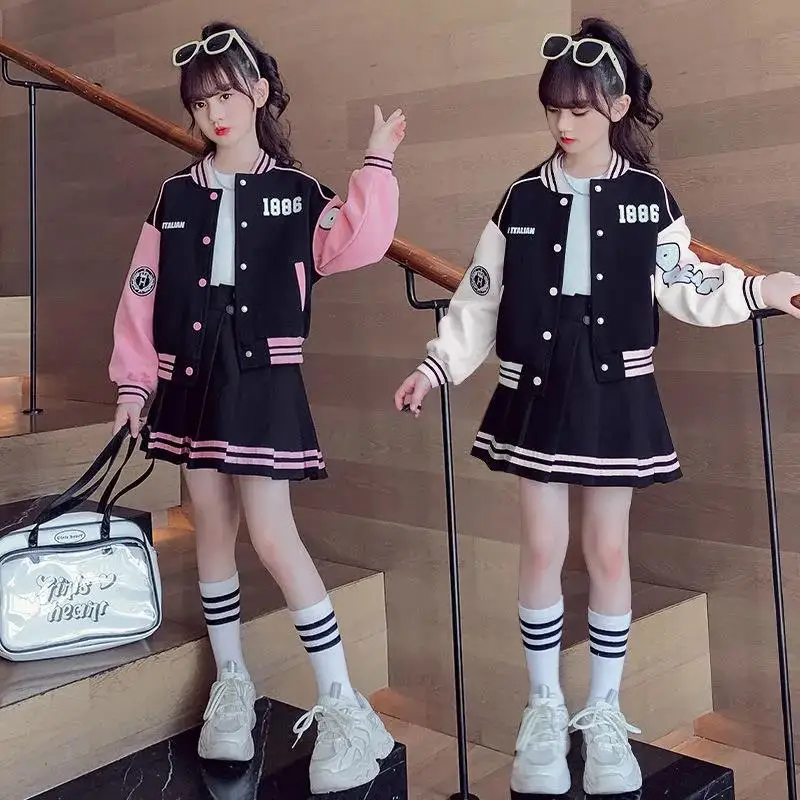 Kids Costume Teen Girls Clothing Set 2023 Spring Casual Jackets Skirt School Tracksuit Children's Baseball Outfits 4 to 14 Years