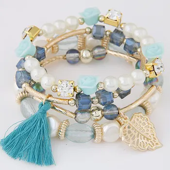European and American fashion metal crystal beads pearl leaves temperament tassel multi - layer bracelet