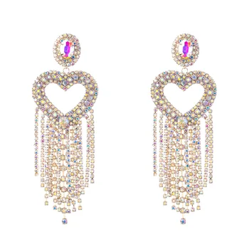 Luxury Bridal Earrings Heart Crystal Drop Earrings Luxury Big Rhinestones Long Tassel Earrings for Women Wedding Jewelry