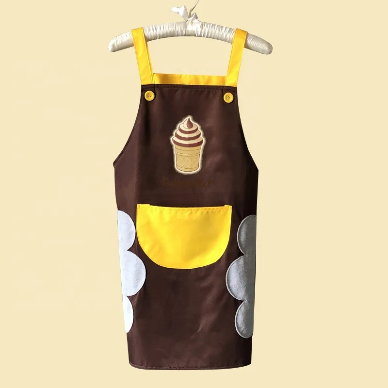 Convenient hand drying yellow cheap aprons custom short text Making ice cream working apron 1-large-pocket kitchen chef