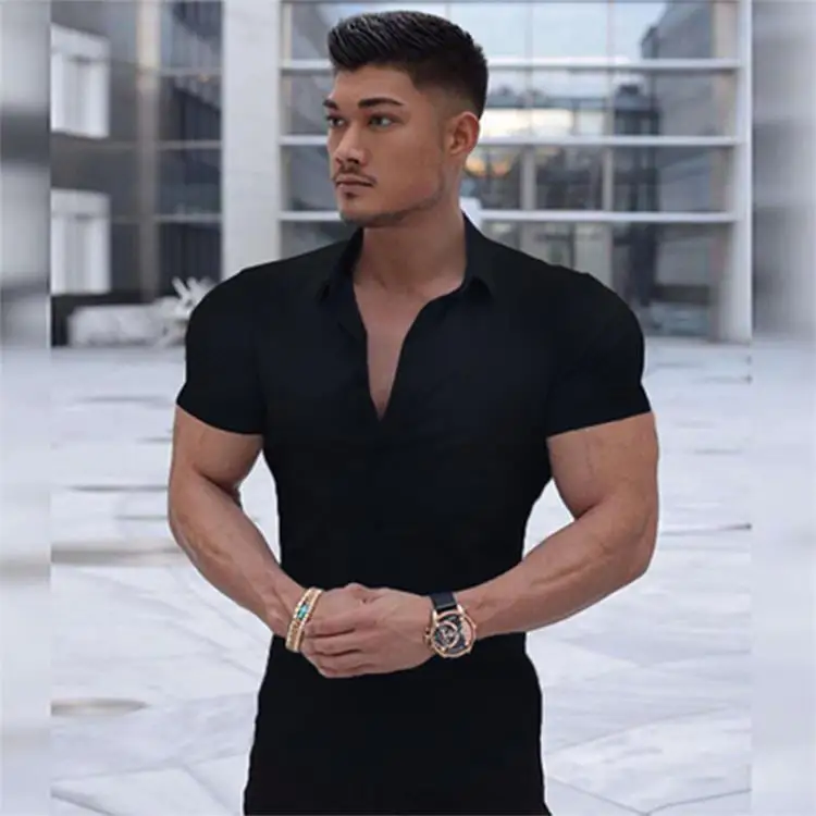 Muscular Men Stretch Shirt Stand Collar Short Sleeve Breathable Sports Cardigan Fitness Clothes