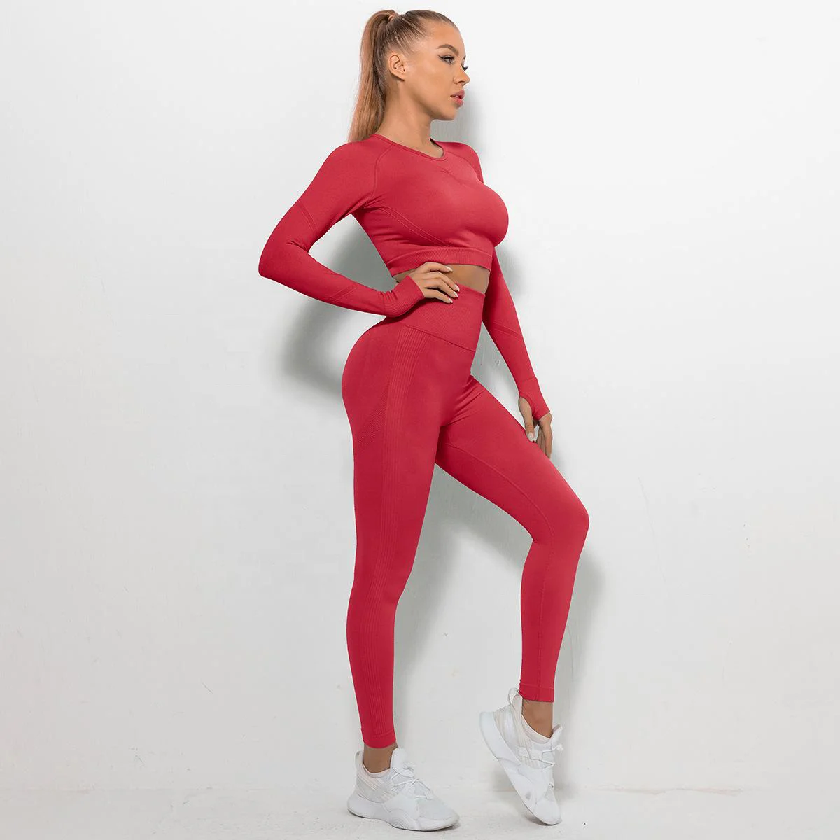 Women Workout Sets 2 Pieces Long Sleeve Yoga Outfits Gym Clothes Seamless Ribbed Crop Top High Waist Leggings