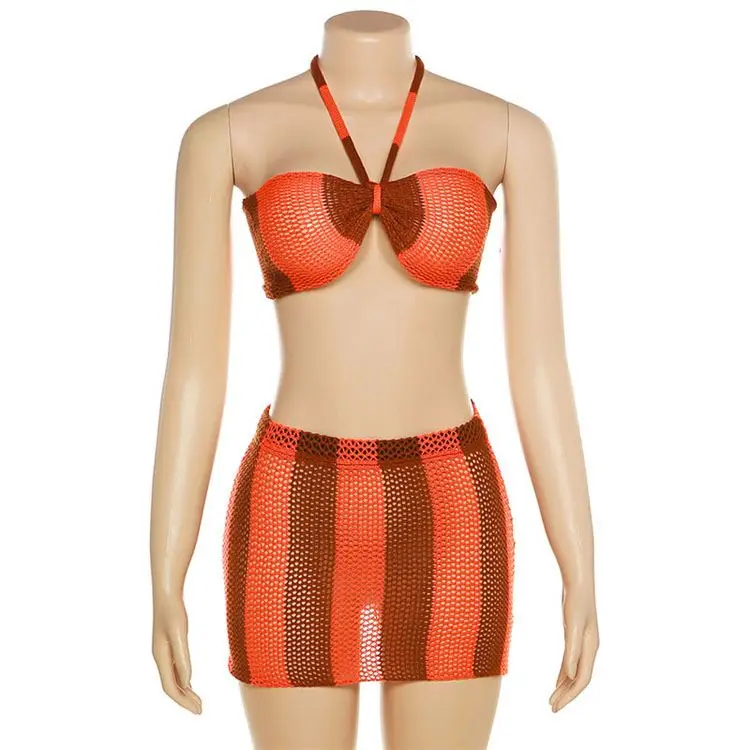 Crochet Sexy Women 2 Piece Set 2023 Summer Trend Strapless Tops+skirts Matching Streetwear Vacation Party Clubwear