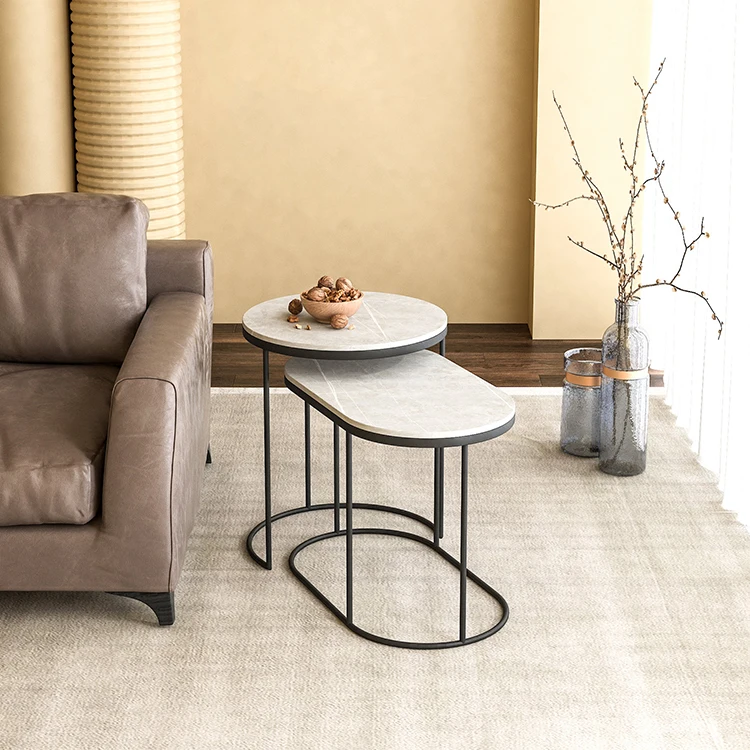 Hot Selling Living Room Modern Furniture Side Table Set Coffee Table With Stone Plate Stool