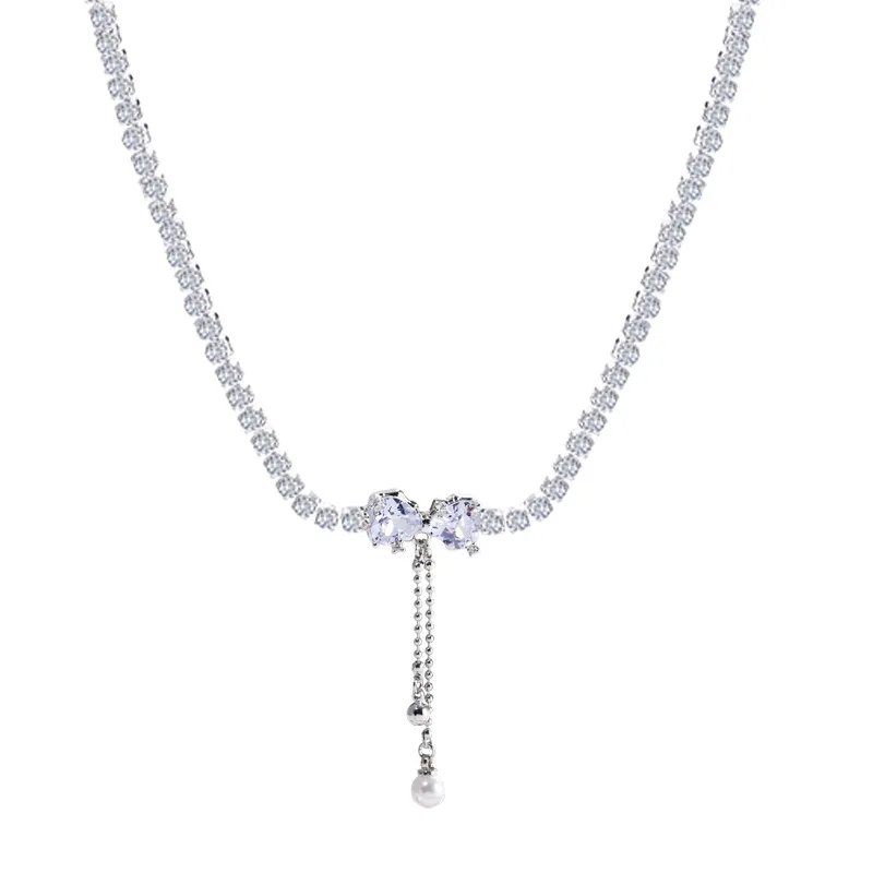 Exquisite charm temperament long tassel zircon pearl bowknot stainless steel necklace jewelry women
