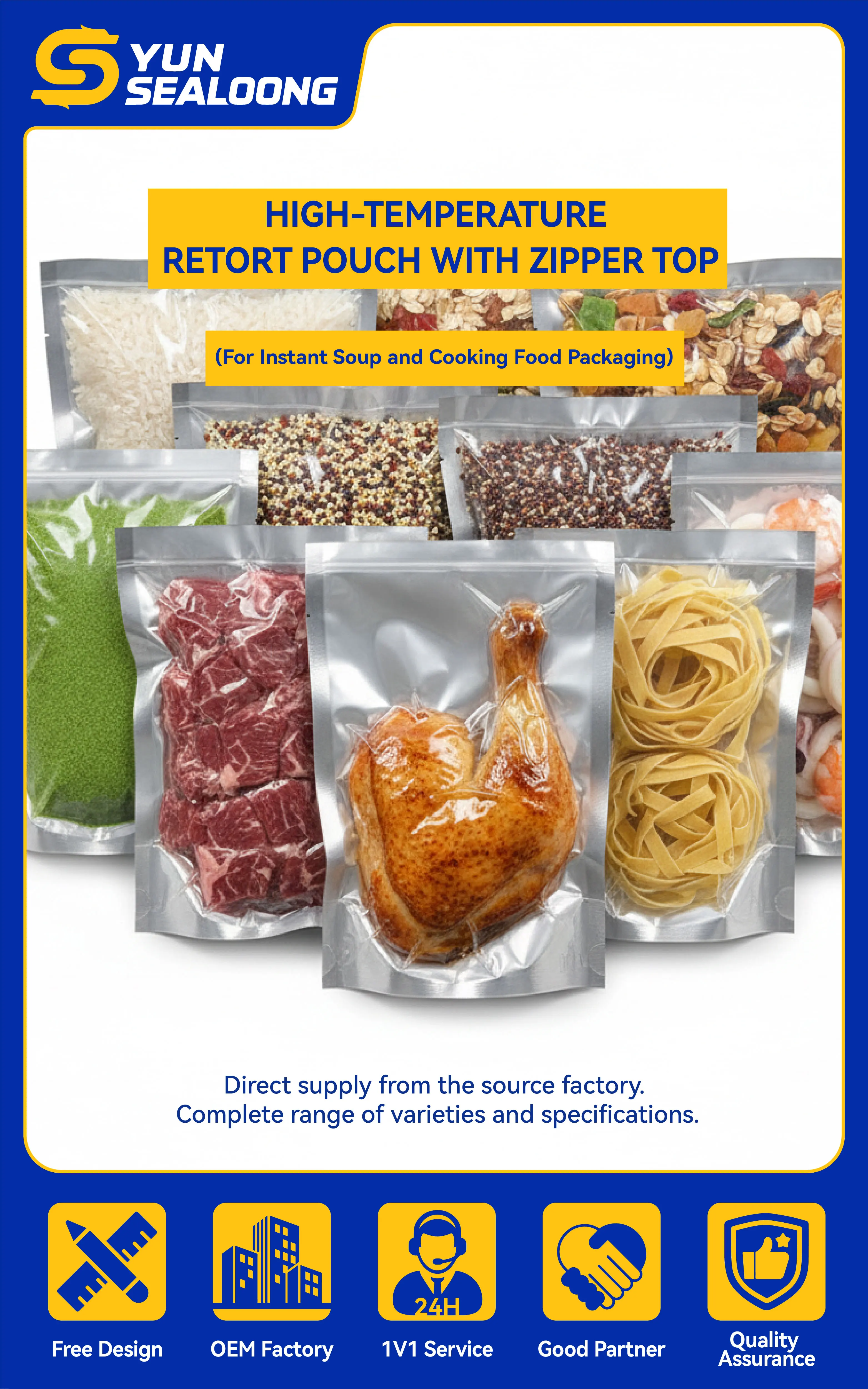 Custom Printed PE Moisture Proof High-Temperature Stand Retort Pouch Zipper Top for Instant Soup Salad Cakes Cooking Food