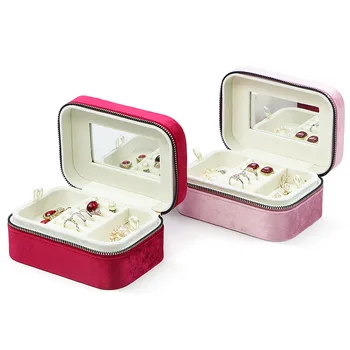 Custom Velvet Jewelry Box Ring Box Necklace Earrings Bangle Packaging Storage Delicate Rectangle Portable Box With Mirror