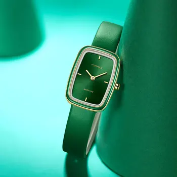 Tophill Custom Ladies Square Watches High End Swiss Quartz Movement Green Leather Straps Dial Environmental Concept Design