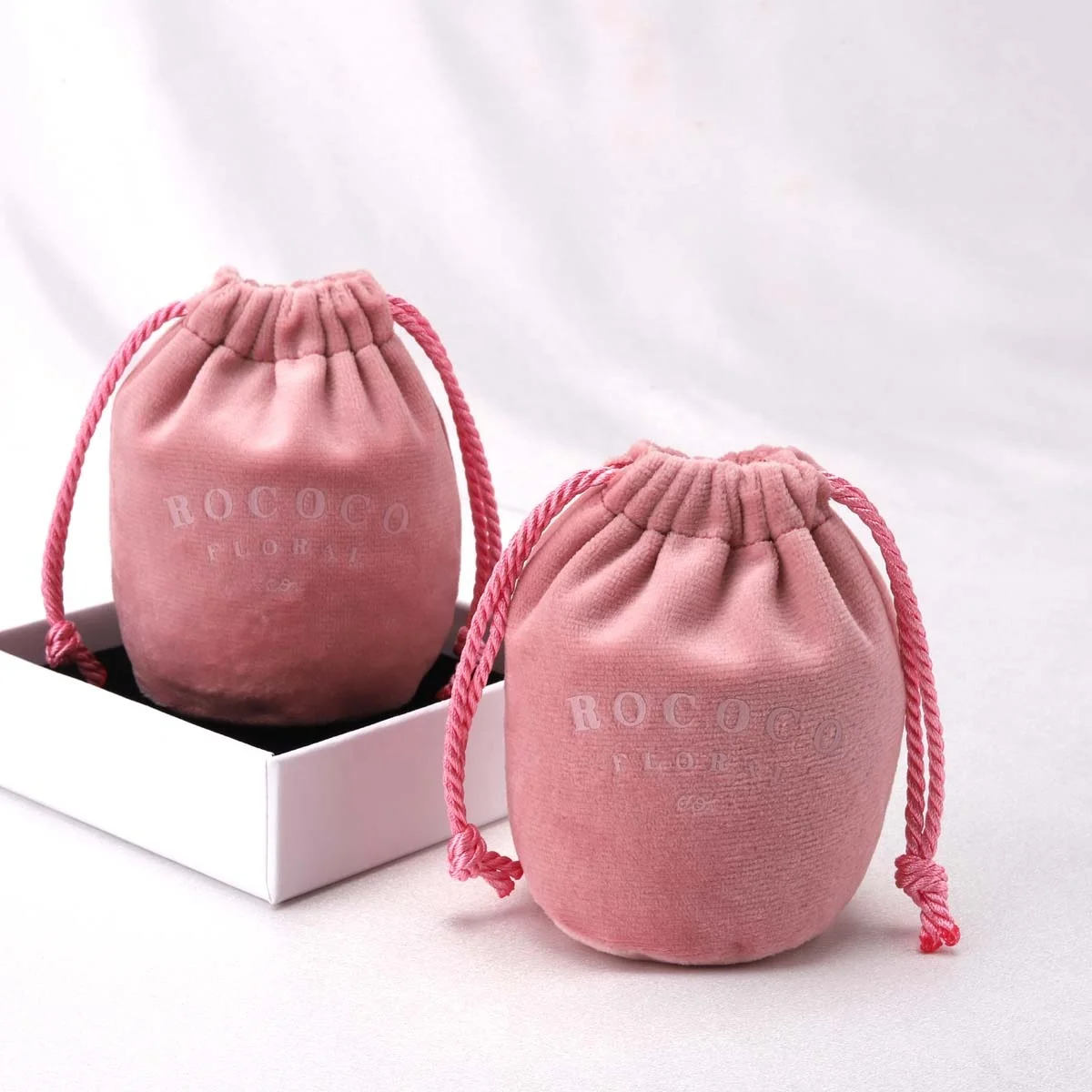 High End Round Bottom Velvet Drawstring Bag For Candle Custom Logo Printed Pink Velvet Gift Candle Bag