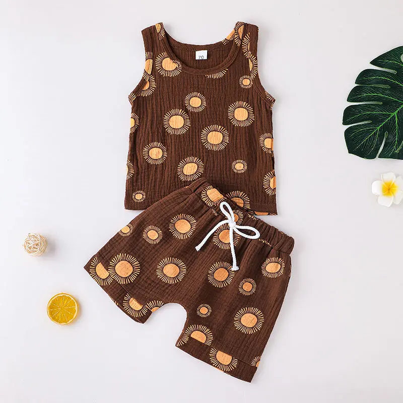 Fashion summer muslin cotton kids clothes set pajamas suit casual printed sleeveless vest shorts boy baby boutique clothing set