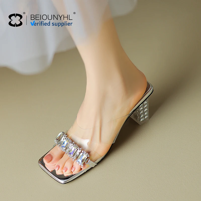 Summer Women New Arrival Square Head Slippers Fashion Sexy Solid Color Rhinestone Transparency European Large Size Heels Sandals