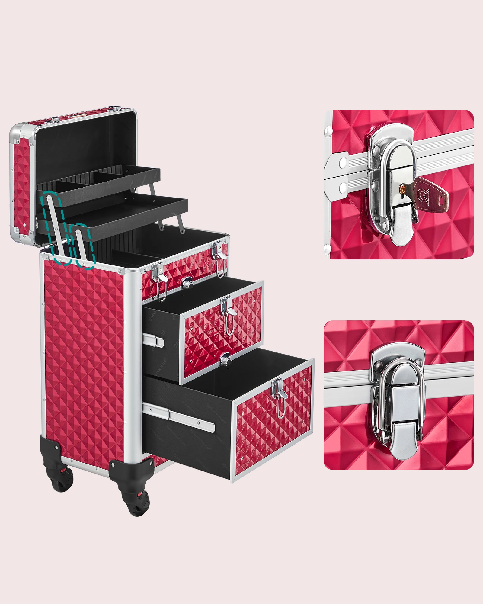 SOMGMICS Wholesale Aluminum Trolley Makeup Organizer 3 in 1 Cosmetic travel Case rolling makeup case