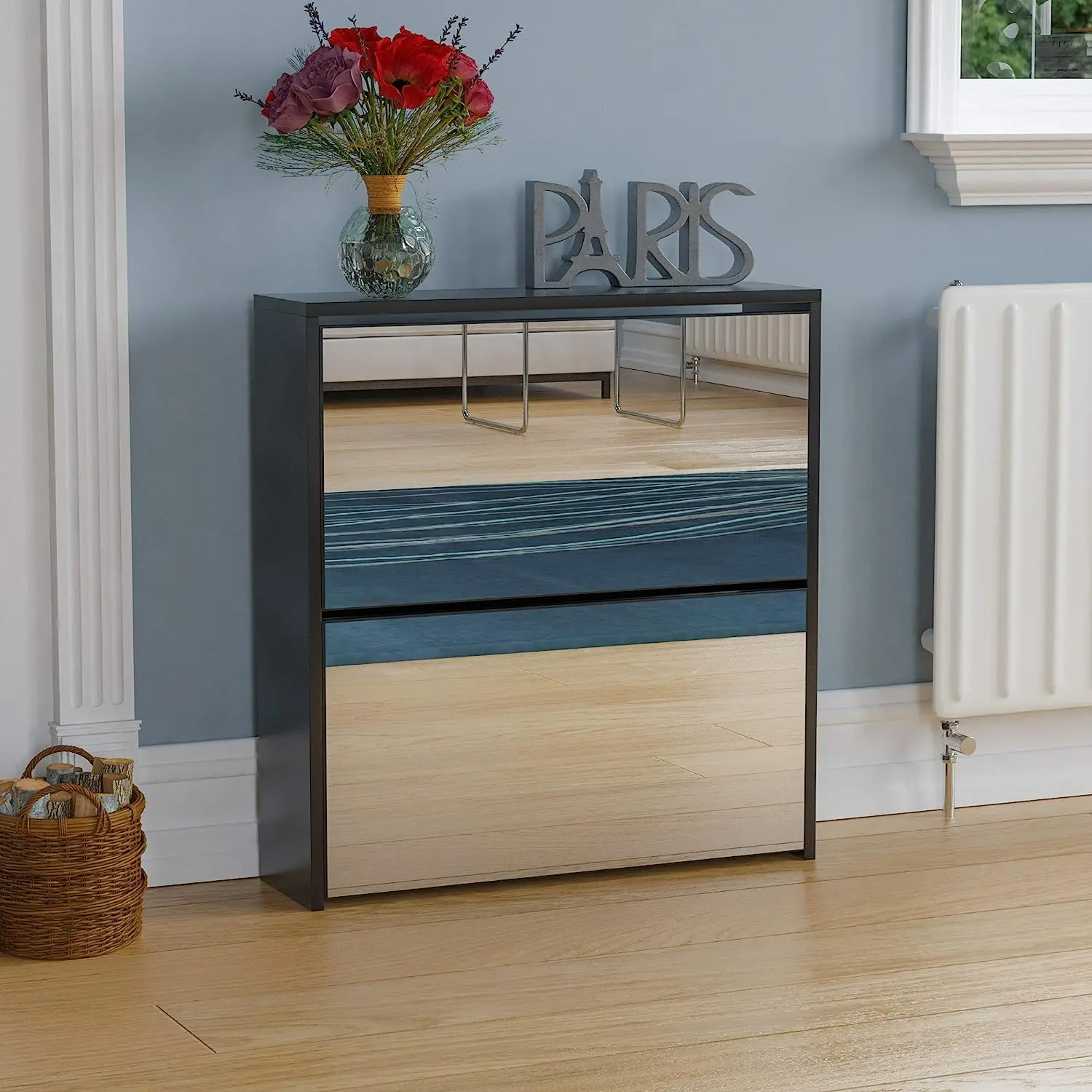 Minimalism wooden design shoe rack side board with 2 doors and mirror for living room furniture