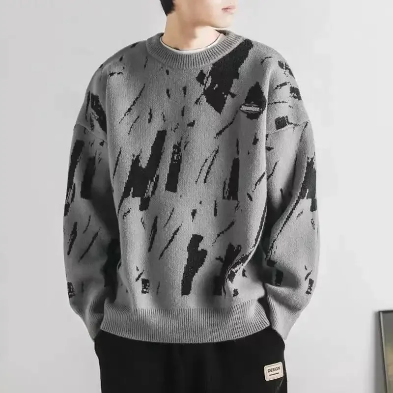 Mens Vintage Stripes Pullover Stand Collar Mockneck Jumper Sweater