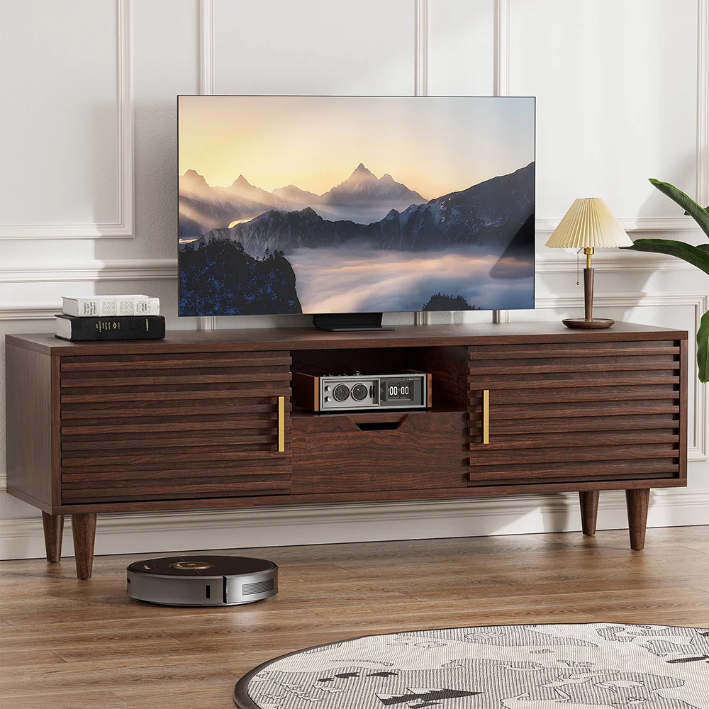 Home Mid-Century Modern Brown TV Stand Wood TV Console Drawer Sliding Door for Dining Living Room Media Entertainment Center factory