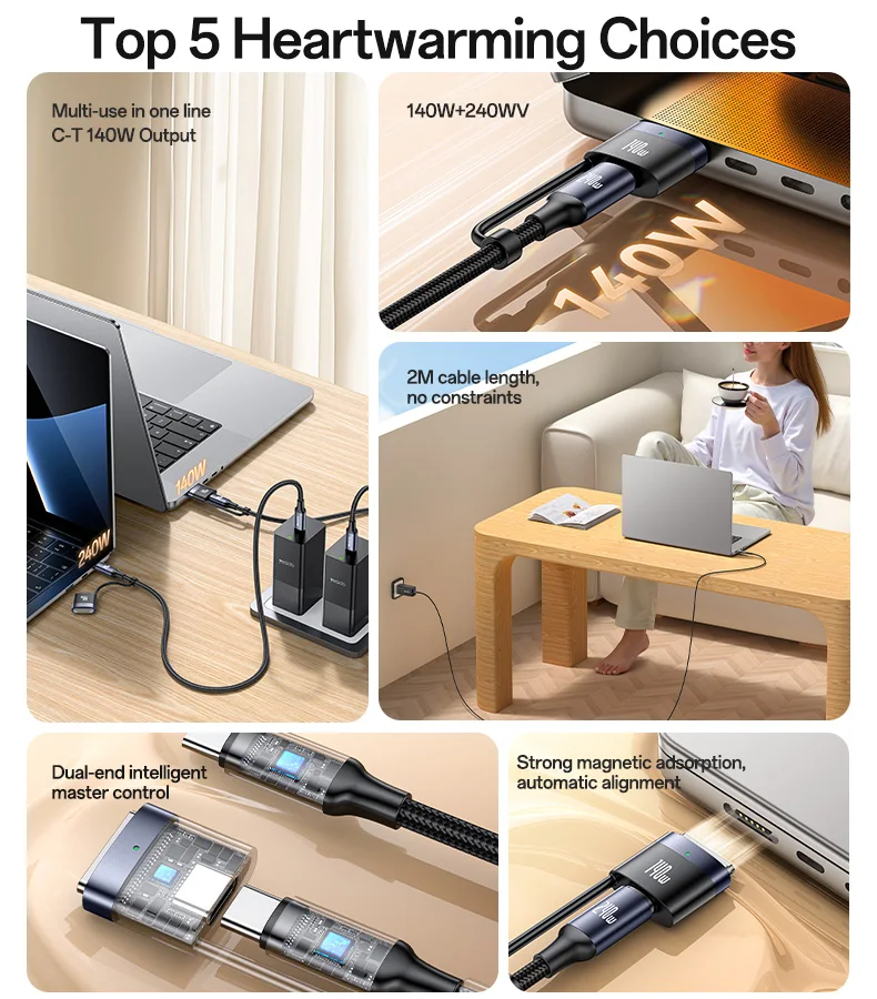 Yesido 2 Meter 240W Fast Charging Type-C to Type-C/T 140W Magnetic Charging for IP Laptop Data Cable CA197